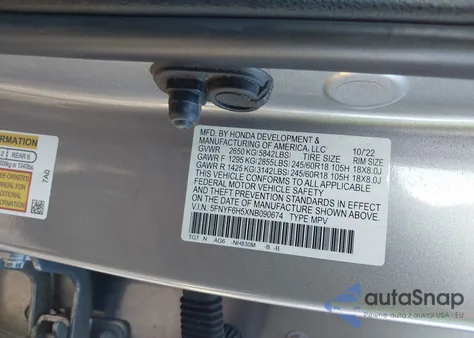 2022 Honda Pilot Awd Ex-L из США, поврежденный, VIN 5FNYF6H5XNB090674